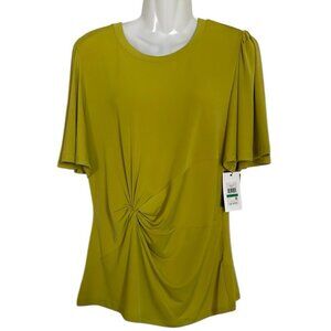 DKNY Yellow/Green Ruched Flared Short Sleeve Blouse sz L